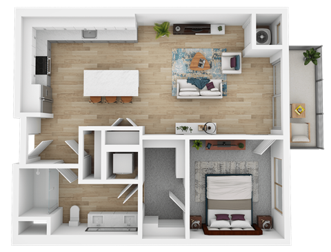 Floor plan for 1 bed, 1 bath, 713 sqft